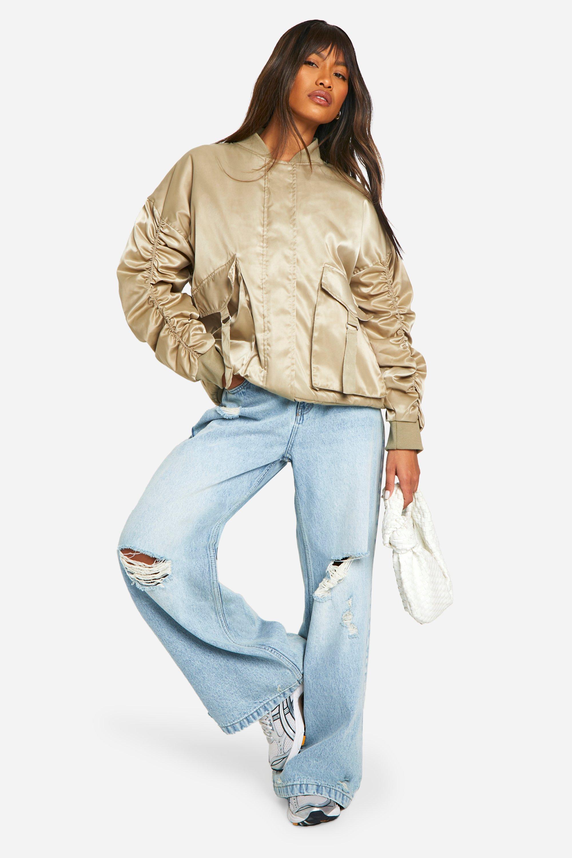 Satin Utility Pocket Detail Bomber Jacket