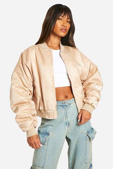 DSGN Ruched Sleeve Satin Bomber Jacket stone