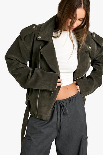 Vintage Suede Look Oversized Biker Jacket washed khaki