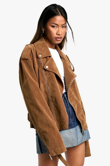 Vintage Suede Look Oversized Biker Jacket tan