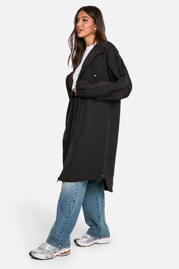 Synched Waist Midaxi Hooded Mac black