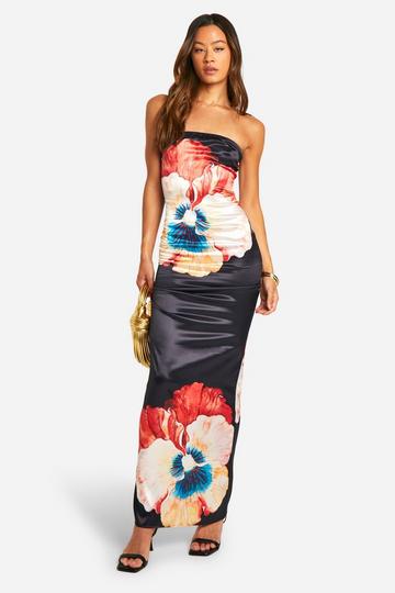 Tall Satin Large Floral Maxi Dress black