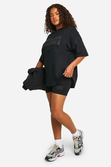 Black Plus Slogan Puff Print Oversized T-shirt And Short Set