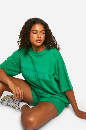 Plus Oversized T-Shirt Met Tekst En Reliëf En Shorts Set green