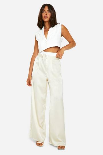 Satin Boxer Waist Wide Leg Pants bone