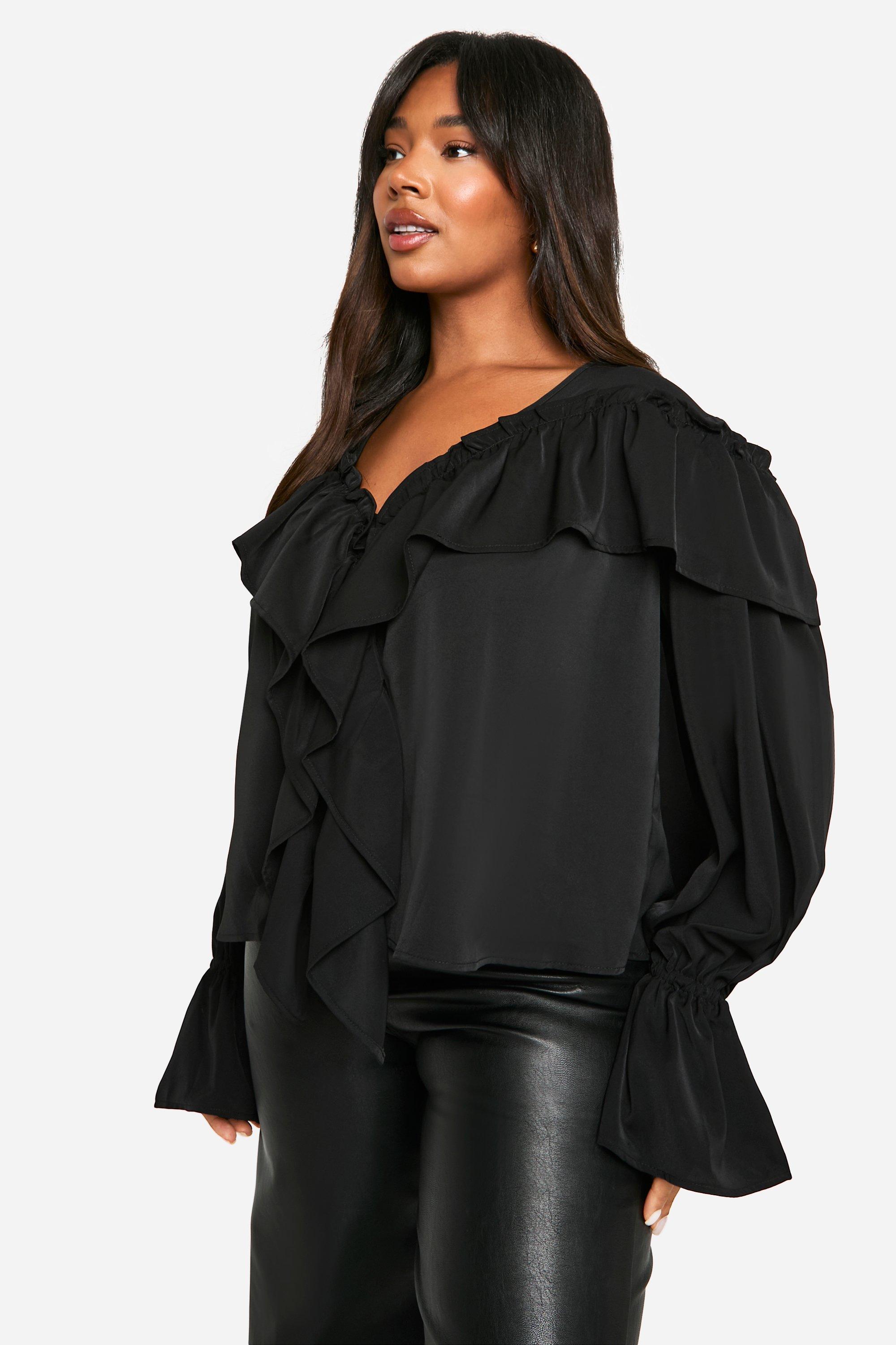 Black ruffle sleeve blouse hotsell