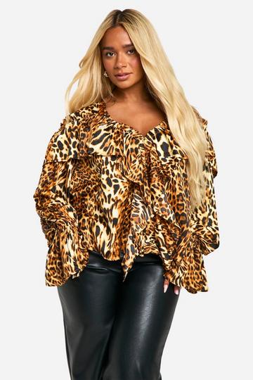 Plus Leopard Ruffle Flare Sleeve Blouse leopard