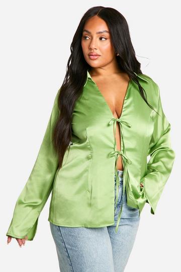 Plus Satin Tie Front Relaxed Shirt sage