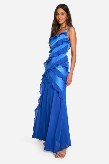 Satin Chiffon Ruffle Asymmetric Maxi Dress cobalt