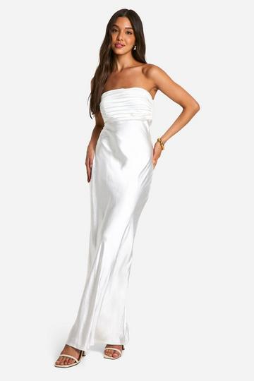 Satin Pleated Bandeau Maxi Dress white