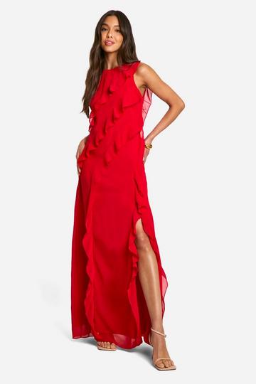 Red Chiffon Ruffle Split Maxi Dress