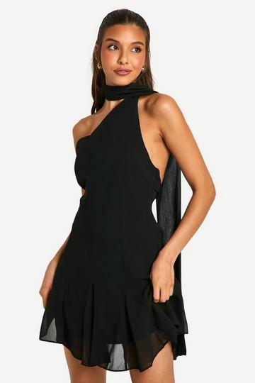 Chiffon Assymteric Godet Seam Mini Dress black