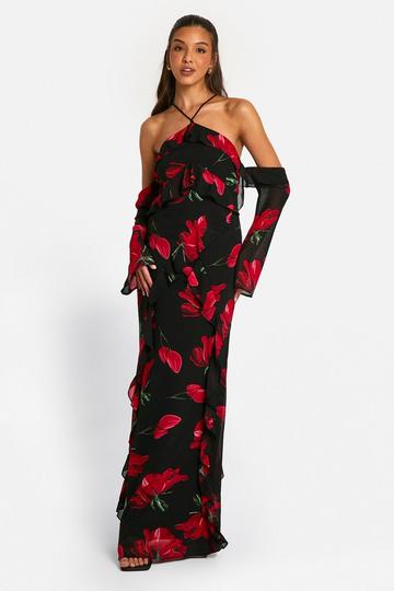 Printed Floral Chiffon Ruffle Maxi Dress black