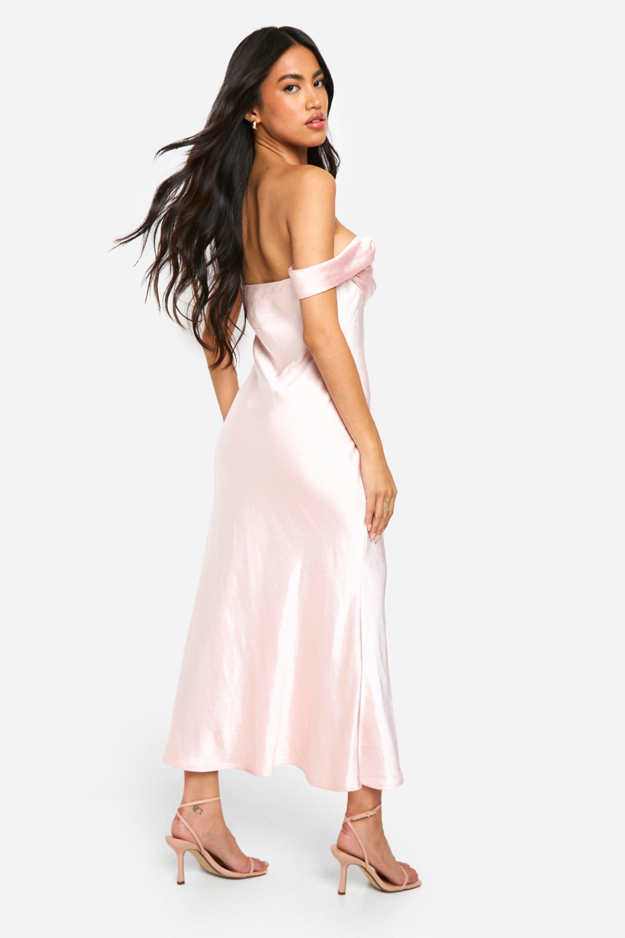 boohoo Satin Off The Shoulder Midi Dress Pink Size 14