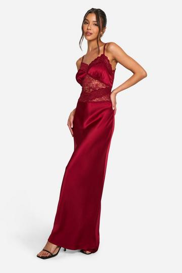 Burgundy Red Lace Detail Satin Maxi Dress