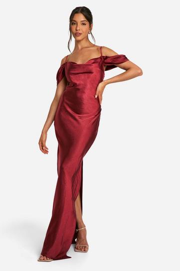 Cherry Red Satin Cold Shoulder Maxi Dress