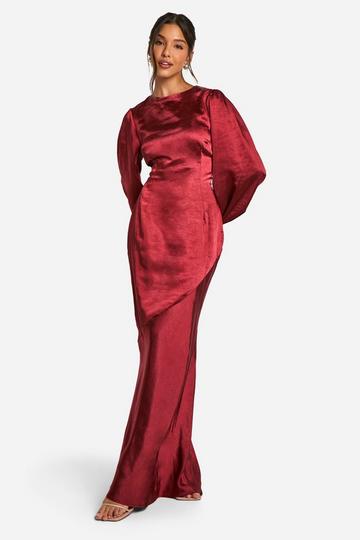 Cherry Red Satin Blouson Sleeve Maxi Dress