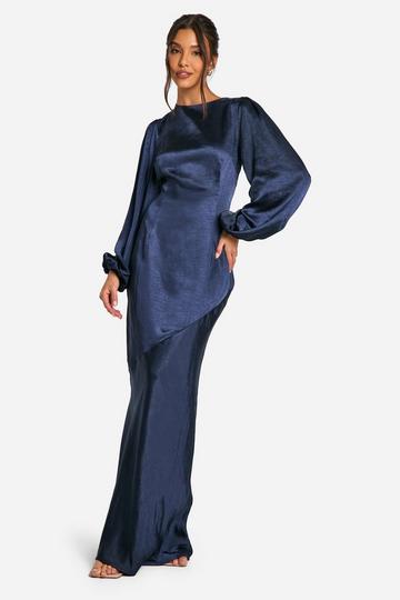 Navy Satin Blouson Sleeve Maxi Dress