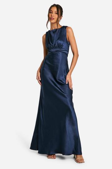 Navy Satin Cowl Back Maxi Dress