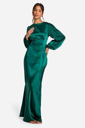 Bridesmaid Satin Blouson Sleeve Maxi Dress emerald