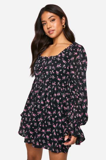 Petite Ditsy Floral Volume Sleeve Skater Dress black