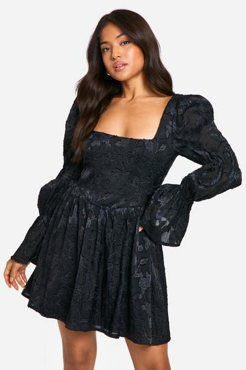 Petite Volume Sleeve Burnout Skater Dress black