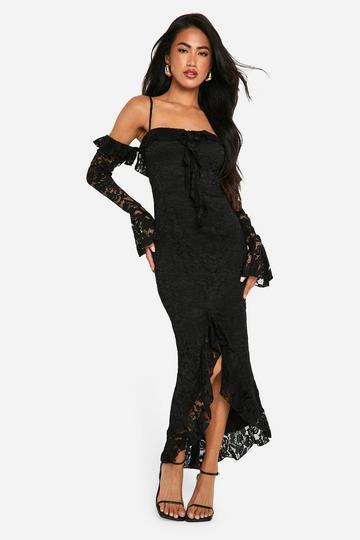 Black Lace Ruffle Bardot Flare Sleeve Midaxi Dress