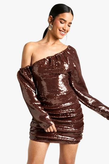 Sequin Off The Shoulder Ruched Mini Dress chocolate