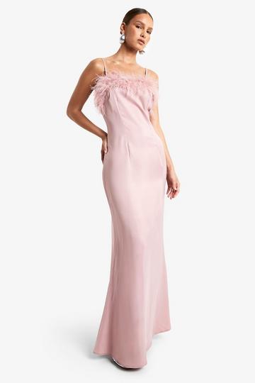 Pink Feather Trim Satin Maxi Slip Dress