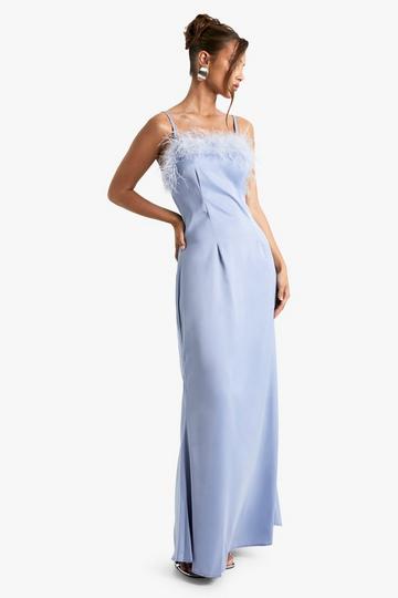 Feather Trim Satin Maxi Slip Dress baby blue