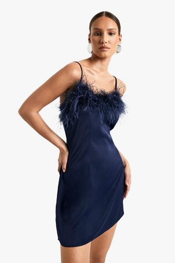 Feather Trim Satin Mini Slip Dress navy