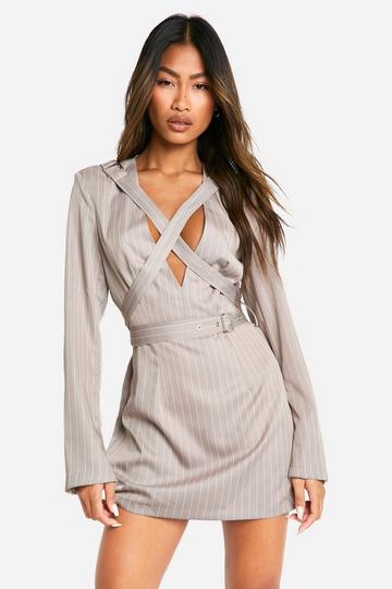 Grey Woven Pinstripe Strap Detail Blazer Dress