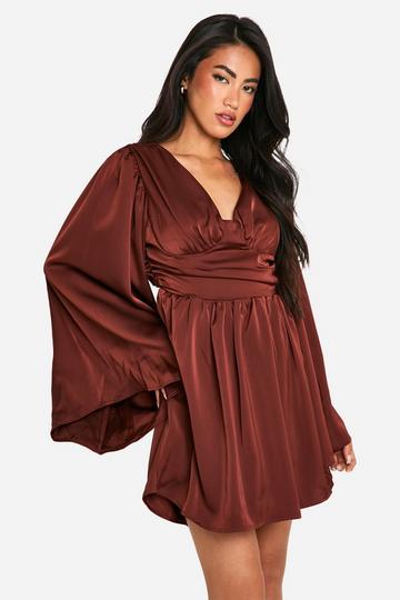 Satin Extreme Flare Sleeve Skater Dress chocolate