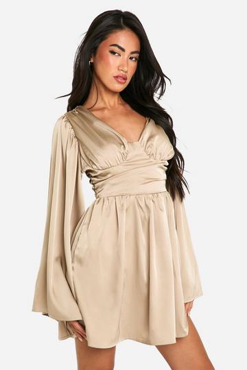 Champagne Beige Satin Extreme Flare Sleeve Skater Dress