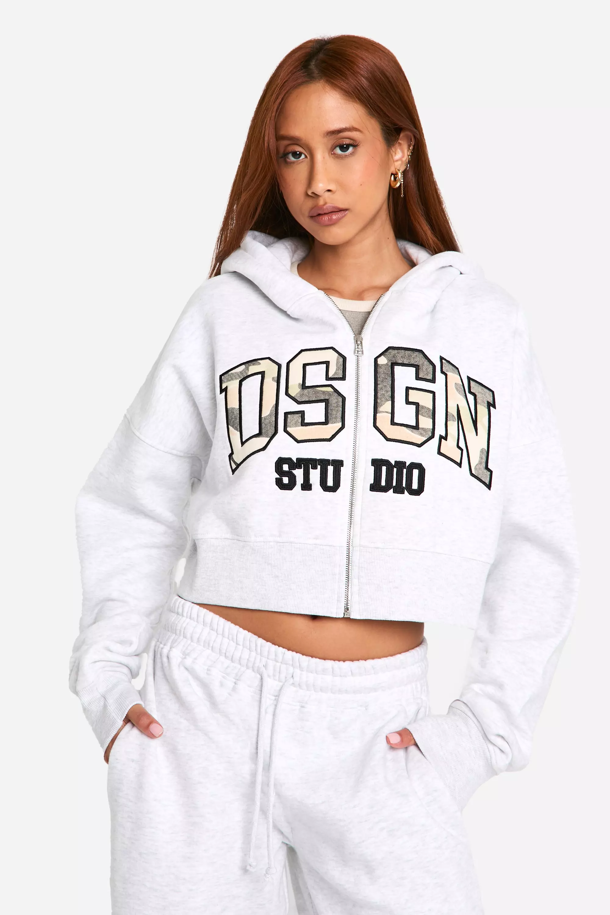 Ash grey Dsgn Studio Camouflage Applique Zip Through Boxy Crop Hoodie  alternative image