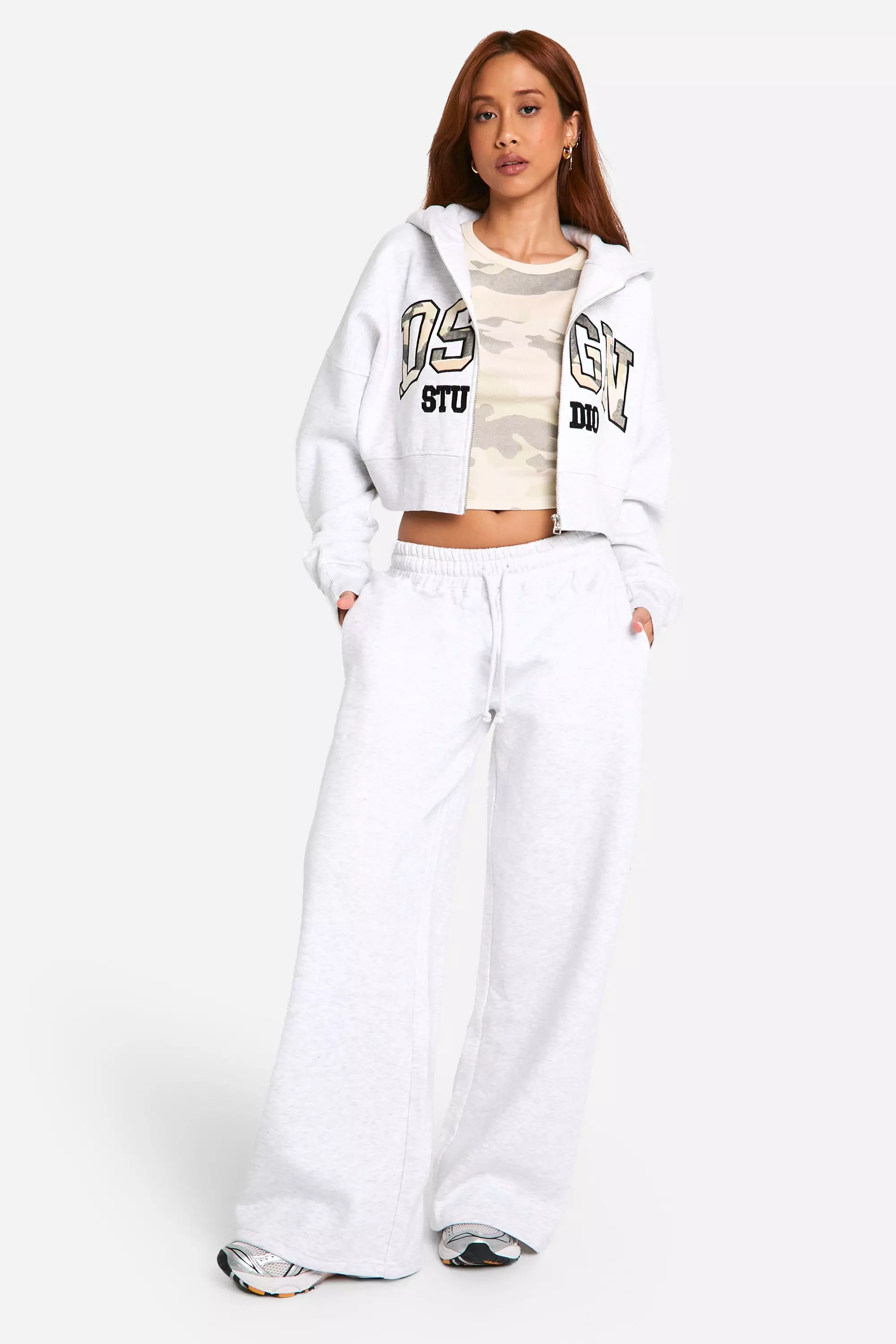 Ash grey Dsgn Studio Camouflage Applique Zip Through Boxy Crop Hoodie  alternative image