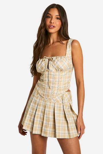 Tonal Check Pleated Micro Mini Skirt stone