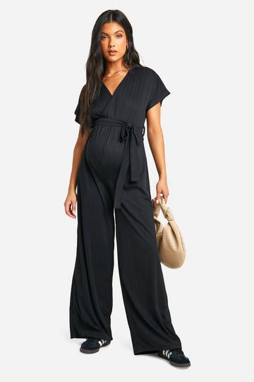 Black Maternity Ribbed Wrap Wide Leg Belted Jumpsuit