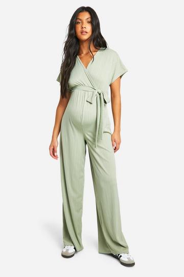 Maternity Ribbed Wrap Wide Leg Belted Jumpsuit sage