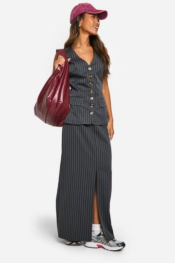 Tonal Pinstripe Split Back Column Maxi Skirt charcoal