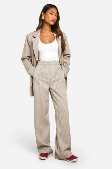 Stone Beige Tonal Pinstripe Relaxed Fit Wide Leg Trousers