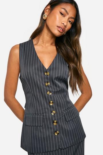 Tonal Pinstripe Longline Waistcoat charcoal