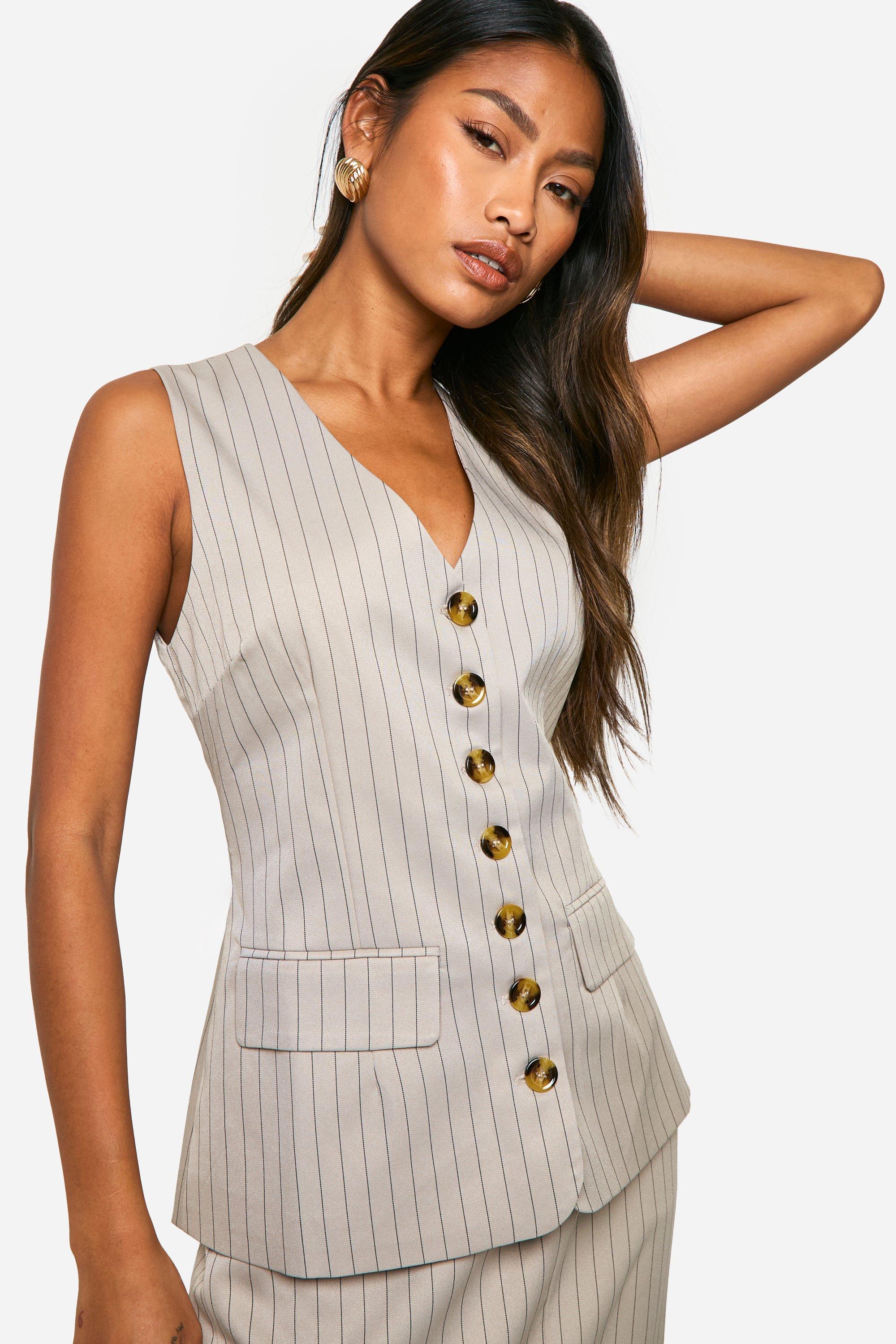 Stone Tonal Pinstripe Longline Waistcoat