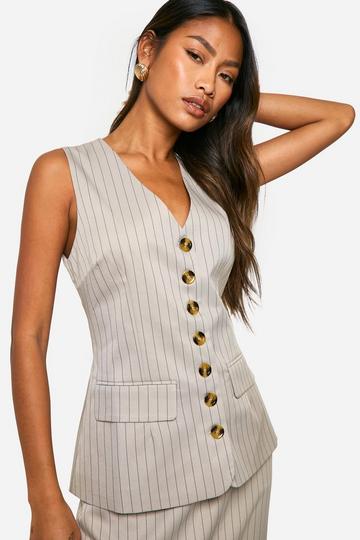 Stone Beige Tonal Pinstripe Longline Waistcoat