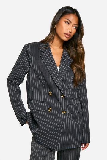 Oversized Getailleerde Monochrome Blazer Met Krijtstrepen En Dubbele Knopen charcoal