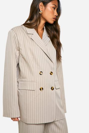 Tonal Pinstripe Oversized Double Breasted Tailored Blazer stone