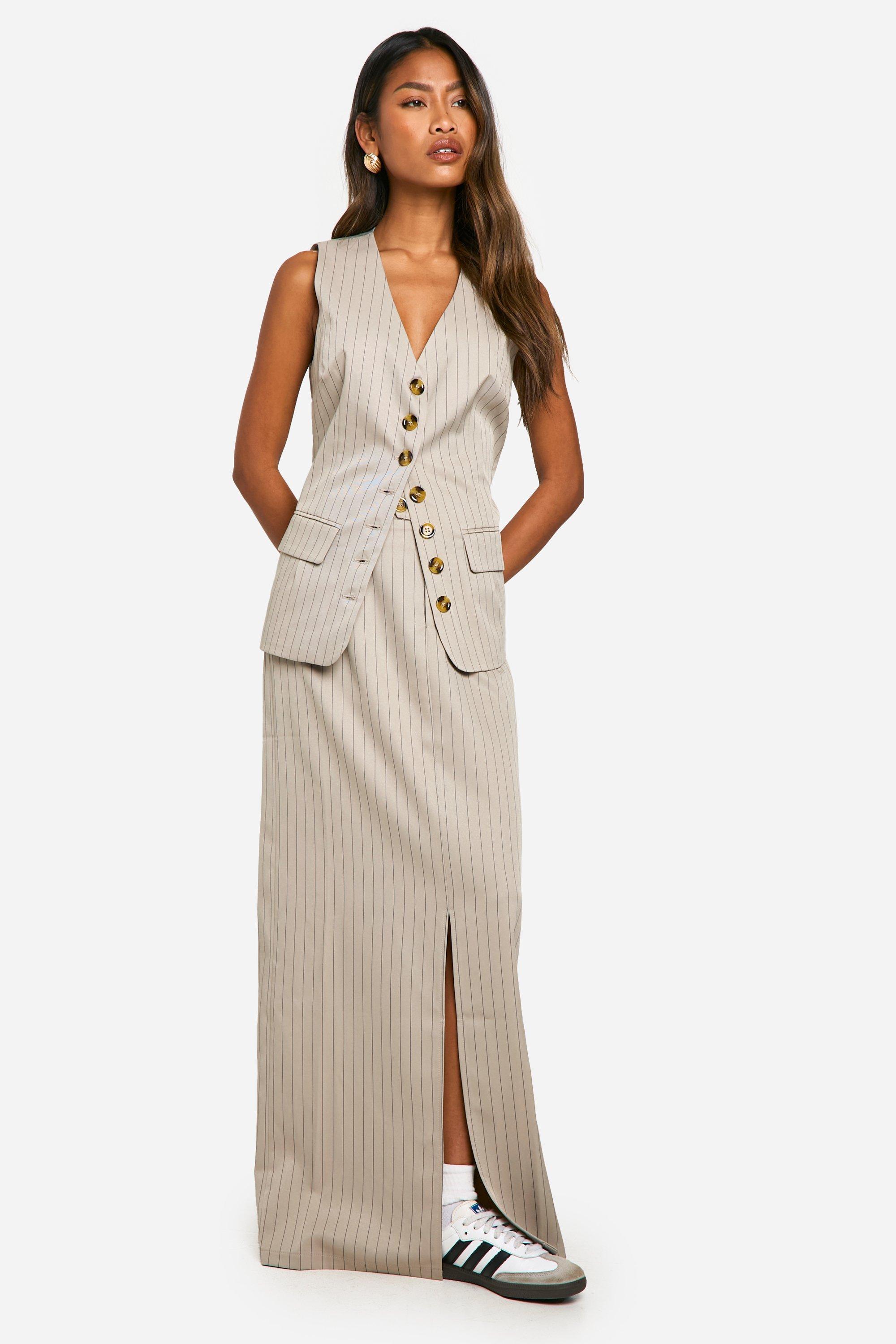 Stone Tonal Pinstripe Split Back Column Maxi Skirt