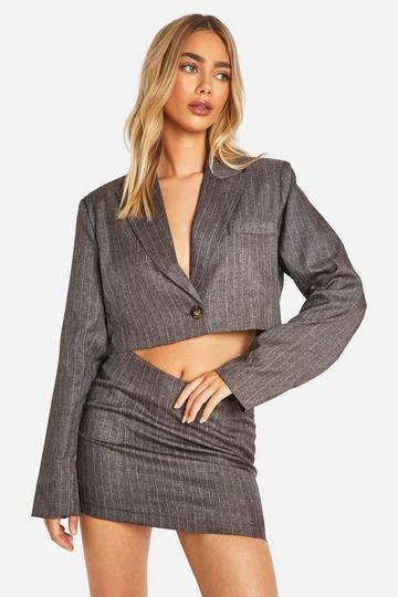 Premium Pinstripe Marl Cropped Boxy Tailored Blazer chocolate