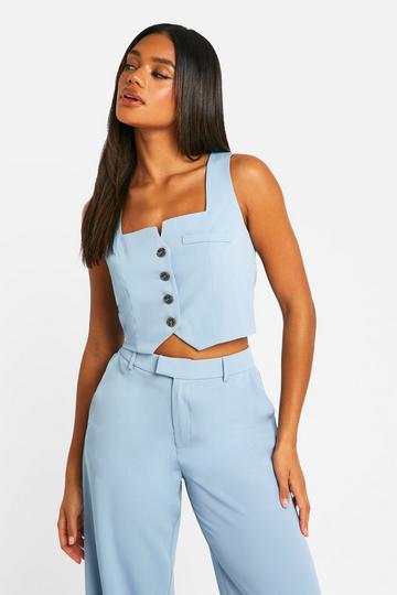 Blue Square Neck Cropped Fitted Waistcoat