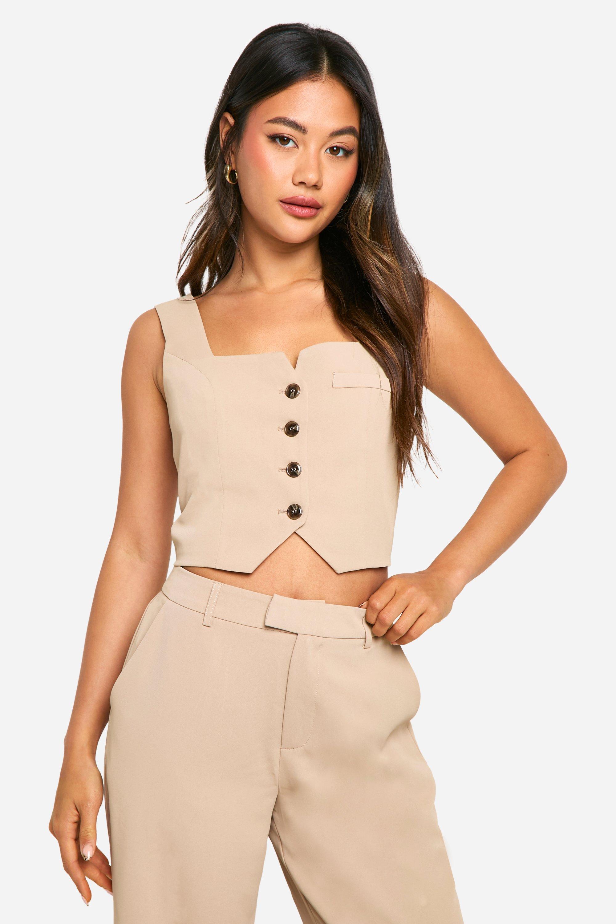 Camel Square Neck Cropped Fitted Waistcoat